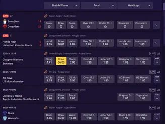 Live rugby betting interface showing multiple matches with odds, including Brumbies vs Crusaders and Glasgow Warriors vs Stormers